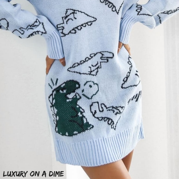 Dinosaur Knit Sweater Dress Round Neck Playful Long Sleeve Oversized Mini Blue - Picture 4 of 8
